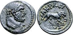 Greek Lydia, Acrasus Æ 14mm. Pseudo-autonomous issue. Time of Septimius Severus, AD 193-211. Head of Herakles to right, lion-skin around neck / AKPACIΩTΩN, lion to right. GPRC Lydia 6; BMC 7-9; SNG Co