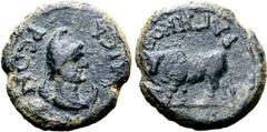 Greek Lydia, Bagis Æ 16mm. Pseudo-autonomous issue, time of Nero, AD 54-68. KAICAPEΩN, head of Mên to right wearing Phrygian cap and set on crescent / BAΓHNΩN above humped cow walking to left. GPRC Ly
