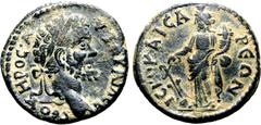 Roman Provincial Septimius Severus Æ 18mm of Hierocaesarea, Lydia. AVTO KAI Λ CЄ CЄOVHPOC, laureate head to right / IЄPOKAICAPЄΩN, Tyche standing to left, holding rudder on globe and cornucopiae. GPRC