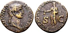 Roman Imperial Antonia (mother of Claudius) Æ Dupondius. Rome, AD 41-50. ANTONIA AVGVSTA, draped bust to right / TI CLAVDIVS CAESAR [AVG P M TR P IMP], Claudius, veiled and togate, standing to left an