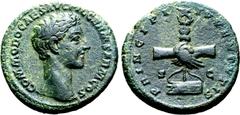 Roman Imperial Commodus, as Caesar, Æ As. Rome, AD 176. COMMODO CAES AVG FIL GERM SARM COS, bare head to right / PRINCIPI IVVENTVTIS, clasped hands holding aquila on prow; S-C across fields. RIC III 1