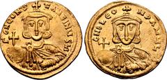 Byzantine Leo III 'the Isaurian', with Constantine V, AV Solidus. Constantinople, AD 733-735. ∂ NO LЄON P A MЧL, crowned bust of Leo facing, wearing chlamys, holding globus cruciger and akakia / Γ ∂ N