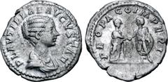 Roman Imperial Plautilla (wife of Caracalla) AR Denarius. Rome, AD 202. PLAVTILLAE AVGVSTAE, draped bust to right / PROPAGO IMPERI, Plautilla and Caracalla clasping hands. RIC IV 362 (Caracalla); BMCR