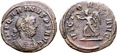 Roman Imperial Carinus Æ Quinarius. Rome, AD 283-285. IMP CARINVS P F AVG, laureate and cuirassed bust to right / VICTORIA AVG, Victory walking to left, holding wreath and palm. RIC V.2 280; King -. 1
