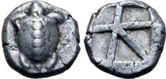 Greek Islands off Attica, Aegina AR Stater. Circa 470-440 BC. Sea turtle, head in profile, with 'T' design in pellets on shell / Large square incuse with skew pattern. Meadows, Aegina, Group IIIa; Mil