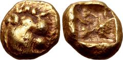 Greek Kingdom of Lydia, Alyattes EL 1/12 Stater. Sardes, circa 610-560 BC. Head of roaring lion to right(?), sunburst on forehead / Incuse square punch. Cf. GRPC Lydia G30; Weidauer group XVI, 90; Tra