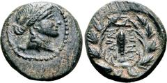 Greek Lydia, Sardes Æ 15mm. 2nd-1st century BC. Laureate head of Apollo to left / Club upwards within oak wreath, ΣAPΔIANΩN to either side, uncertain monogram above. GPRC Lydia 1ff; SNG Copenhagen 470