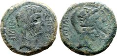Roman Imperatorial Octavian and Divus Julius Caesar Æ Dupondius. Uncertain Southern Italian mint, 38 BC. CAE[SAR] DIVI F, bare head of Octavian to right / [DIVOS] IVLIVS, wreathed head of Divus Julius