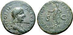 Roman Imperial Antonia (mother of Claudius) Æ Dupondius. Rome, AD 41-50. ANTONIA AVGVSTA, draped bust to right / TI CLAVDIVS CAESAR AVG P M TR P IMP, Claudius, veiled and togate, standing to left and 