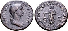 Roman Imperial Antonia (mother of Claudius) Æ Dupondius. Rome, AD 41-50. ANTONIA AVGVSTA, draped bust to right / TI CLAVDIVS CAESAR [AVG P M TR P IMP], Claudius, veiled and togate, standing to left an