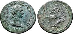 Roman Imperial Domitian Æ Sestertius. Rome, AD 85. IM[P C]AES DOM[I]TIAN AVG GERM COS XI, laureate bust to right, wearing aegis / Emperor on horseback to right, holding shield and spearing fallen enem