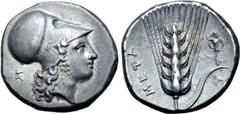 Greek Lucania, Metapontion AR Stater. Circa 340-330 BC. Head of Athena Tharragoras to right, wearing Corinthian helmet; Σ behind / Ear of barley with stalk and leaf to right upon which, trophy; Π belo