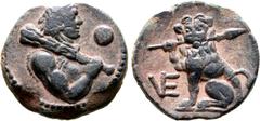 Greek Apulia, Venusia Æ Uncia. Circa 210-200 BC. Half length bust of Herakles to right, wearing lion skin headdress and holding club over shoulder; pellet before / Lion seated to left, breaking spear 