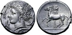 Greek Sicily, Siculo-Punic AR Tetradrachm. Entella, circa 345/38-320/15 BC. Head of Tanit-Persephone to left, wearing wreath of grain leaves, triple-pendant earring, and necklace; four dolphins around