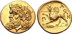 Greek Kimmerian Bosporos, Pantikapaion AV Stater. Circa 325-310 BC. Head of bearded satyr to left, wearing ivy wreath / Griffin standing to left, head facing, holding spear in its mouth, forepaw raise