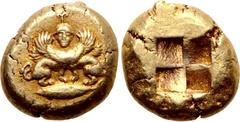 Greek Mysia, Kyzikos EL Stater. Circa 500-450 BC. Double-bodied winged sphinx standing with head facing atop tunny fish to left, wearing ouraios, hair falling in plaited locks behind / Quadripartite i