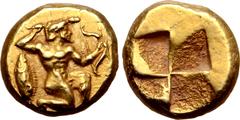 Greek Mysia, Kyzikos EL Hekte. Circa 550-450 BC. Herakles, nude, in kneeling-running stance to right, holding club overhead and bow; behind, tunny upward / Quadripartite incuse square. Von Fritze I, 1