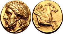 Greek Mysia, Lampsakos AV Stater. Circa 350 BC. Laureate head of Zeus to left, sceptre over right shoulder, tip showing behind his neck / Forepart of Pegasos flying to right. Baldwin 29; SNG von Auloc