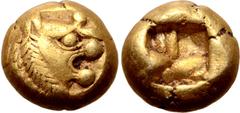 Greek Kingdom of Lydia, Alyattes EL 1/12 Stater. Sardes, circa 610-560 BC. Head of roaring lion to right, sunburst on forehead / Incuse square punch. GRPC Lydia G30; Weidauer group XVI, 90; Traité I 4