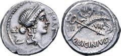 Roman Republic Q. Sicinius AR Denarius. Rome, 49 BC. Diademed head of Fortuna to right; P•R upwards behind, FORT before / Palm-branch and caduceus in saltire, laurel wreath above; III-VIR across field