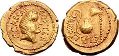 Roman Imperatorial Julius Caesar AV Aureus. Rome, 46 BC. A. Hirtius, praetor. Veiled head of Vesta to right, C•CAESAR COS TER around / Emblems of the augurate and pontificate: lituus, guttus, and secu