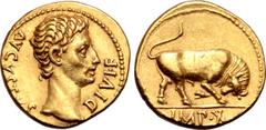 Roman Imperial Augustus AV Aureus. Lugdunum, 15-12 BC. AVGVSTVS DIVI F, bare head to right / Bull butting to right, pawing ground and flicking tail; IMP•X in exergue. RIC I 166a; C. 136; BMCRE 450; BN