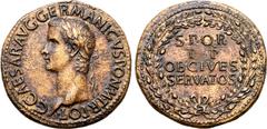 Roman Imperial Caligula Æ Sestertius. Rome, AD 37-38. C•CAESAR•AVG•GERMANICVS•PON•M•TR•POT, laureate head to left / S•P•Q•R P•P OB•CIVES SERVATOS in four lines within oak wreath. RIC I 37; C. 24; Biag