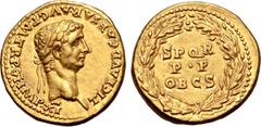 Roman Imperial Claudius AV Aureus. Lugdunum, AD 46-47. TI CLAVD CAESAR AVG P M TR P VI IMP XI, laureate head to right / S P Q R P•P OB C S in three lines within oak-wreath. RIC I 40; BMCRE 42-44; BN 5