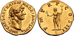 Roman Imperial Hadrian AV Aureus. Rome, AD 121-123. IMP CAESAR TRAIAN HADRIANVS AVG, laureate head to right / P M TR P COS III, Neptune standing facing, head to left with cloak over shoulders, holding