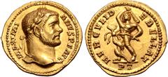 Roman Imperial Maximian AV Aureus. Treveri, AD 293-294. MAXIMIANVS P F AVG, laureate head to right / HERCVLI DEBELLAT, Hercules standing facing, head to left, holding club in raised right arm, prepari