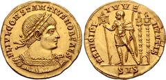 Roman Imperial Constantius II, as Caesar, AV Solidus. Siscia, AD 334. FL IVL CONSTANTIVS NOB CAES, laureate and cuirassed bust to right / PRINCIPI IVVENTVTIS, Constantius in military attire standing t