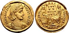 Roman Imperial Constantius II AV Solidus. Nicomedia, AD 340-351. FL IVL CONSTANTIVS PERP AVG, laurel-and-rosette-diademed, draped and cuirassed bust to right / GLORIA REIPVBLICAE, Roma and Constantino