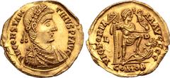 Roman Imperial Constantine III AV Solidus. Lugdunum, AD 409-411. D N CONSTANTINVS P F AVG, rosette-diademed, draped and cuirassed bust to right / VICTORIAAA AVGGGG, emperor standing to right, holding 