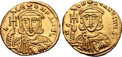 Byzantine Constantine V Copronymus, with Leo III, AV Solidus. Constantinople, AD 745-750. C LЄON PAMЧL, crowned and draped bust of Leo facing, holding cross potent and akakia / N CONSƮANƮINЧS•, crowne