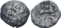 Spain, Gaul and Celtic Northwest Gaul, Redones BI Stater. Circa 80-50 BC. Celticised laureate head to right / Androcephalic horse with rider to right; four spoked wheel below. D&T 2316-2317; LT 6783. 