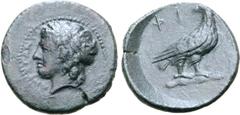 Greek Sicily, Akragas Æ Onkia. Tyranny of Phintias, circa 287-279 BC. Laureate head of Apollo to left / Eagle standing to right with head turned back. CNS I, 119; SNG Copenhagen 98; SNG ANS 1125. 2.62