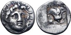 Greek Rhodos, Rhodes AR Hemidrachm. 'Plinthophoric' coinage. Circa 170-150 BC. Dexikrates, magistrate. Radiate head of Helios to right / Rose with bud to right, P-O flanking; ΔΕΧΙΚΡΑΤHΣ above, Isis cr