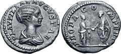 Roman Imperial Plautilla (wife of Caracalla) AR Denarius. Rome, AD 202-205. PLAVTILLAE AVGVSTAE, draped bust to right / PROPAGO IMPERI, Plautilla on left clasping hands with togate Caracalla on right.