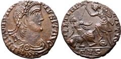 Roman Imperial Constantius II BI 18mm. Contemporary imitation of a Treveri mint issue, AD 353-355. D N CONSTANTIVS P F AVG, pearl-diademed, draped and cuirassed bust to right; A behind / FEL TEMP RE[P