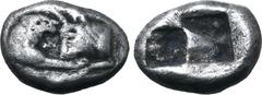 Greek Kingdom of Lydia, Kroisos AR 1/6 Stater. Sardes, circa 561-546 BC. Confronted foreparts of lion to right and bull to left / Two incuse square punches of unequal size. GRPC Lydia S6; Berk 25; Tra