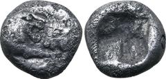 Greek Kingdom of Lydia, Kroisos AR 1/24 Stater. Sardes, circa 561-546 BC. Confronted foreparts of lion to right and bull to left / Incuse punch. GRPC Lydia S9; Berk -; Traité -; SNG Kayhan 1022; Klein