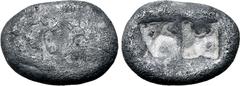 Greek Kingdom of Lydia, time of Kyros - Darios I AR Siglos. Sardes, circa 550-520 BC. Confronted foreparts of lion to right and bull to left / Two incuse square punches of unequal size. GRPC Lydia S11