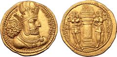 Greek Sasanian Kingdom, Shapur I AV Dinar. Mint I ("Ctesiphon"), Phase 2, circa AD 260-272. Draped bust to right, wearing diadem and mural crown surmounted by a korymbos / Fire-altar flanked by two re