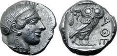 Greek Philistia (Palestine), uncertain mint AR Tetradrachm. Imitating Athens, circa 450-400 BC(?). Head of Athena to right, wearing crested Attic helmet ornamented with three olive leaves above visor 