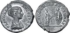 Roman Imperial Plautilla (wife of Caracalla) AR Denarius. Rome, AD 202. PLAVTILLAE AVGVSTAE, draped bust to right / CONCORDIAE AETERNAE, Plautilla and Caracalla standing facing, clasping hands. RIC IV