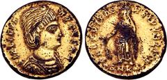 Roman Imperial Helena (mother of Constantine I) Gilt BI Nummus. Cyzicus, AD 324-325. FL HELENA AVGVSTA, diademed and mantled bust to right, wearing necklace / SECVRITAS REIPVBLICE, Securitas standing 