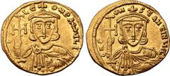 Byzantine Constantine V Copronymus, with Leo III, AV Solidus. Constantinople, AD 742. C LЄON P A MЧL I, crowned and draped bust of Leo facing, holding cross potent and akakia / C N CONSƮANƮINЧΘC (part