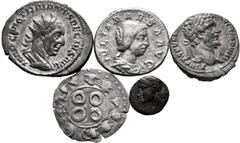 Large Lots Lot of 5 Mixed AR and BI Coins. Includes: 1. Aeolis, Myrina Æ 10mm. 4th-3rd centuries BC. Helmeted head of Athena to left / Amphora; MY-PI across fields. SNG Copenhagen 215; BMC -. 0.86g, 1