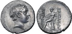 Greek Seleukid Empire, Antiochos (son of Seleukos IV) AR Tetradrachm. Antioch, circa 175 BC. Diademed head to right / Apollo Delphios seated to left on omphalos, holding arrow and resting hand on bow;