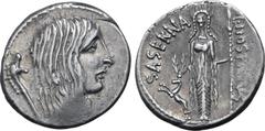 Roman Republic L. Hostilius Saserna AR Denarius. Rome, 48 BC. Female head to right; carnyx behind / Artemis standing facing, holding spear and placing hand on head of stag; SASERNA upwards to left; L•